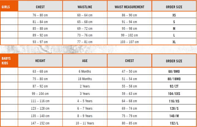 KTM size table BABIES and KIDS